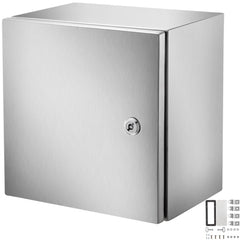 Stainless steel electrical enclosure box measuring 12x12x8 inches with IP66 waterproof rating.
