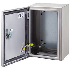 Stainless steel electrical enclosure box measuring 16x12x8 inches with IP66 rating.