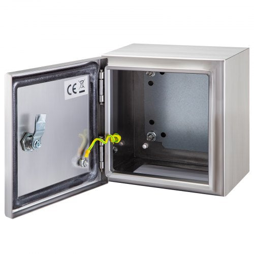 Stainless steel electrical enclosure box measuring 16x16x8 inches with IP66 rating.