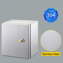 Stainless steel electrical enclosure box measuring 16x16x8 inches with IP66 rating.