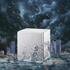 Stainless steel electrical enclosure box, 16x16x8 inches, with IP66 protection against elements.