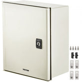 White fiberglass electrical enclosure box, 12x10x6 inches, with lock and mounting hardware.