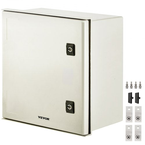 A gray fiberglass NEMA 4X electrical enclosure with IP66 waterproof rating, hinged lid, and lock, measuring 15.7 x 15.7 x 7.9 inches.