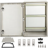 Open white fiberglass enclosure with DIN rails, mounting plate, and hardware.