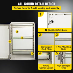 Bostome NEMA 4X fiberglass enclosure 24x16x9 with IP66 waterproof design, safety lock, galvanized back plate, T-nut mounting, and high-strength hinges.