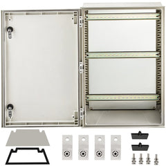 Open gray fiberglass enclosure with open door, mounting brackets, and hardware.