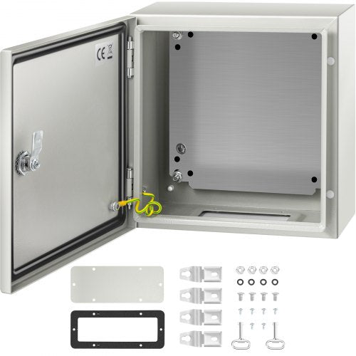 Open gray steel electrical enclosure with door ajar, showing interior and mounting hardware.