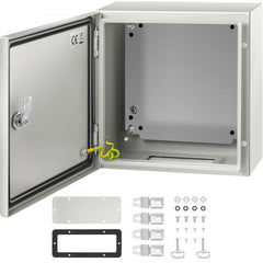 Open gray steel electrical enclosure with door ajar, showing interior and mounting hardware.