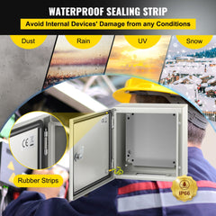 Bostome NEMA 4X steel enclosure 12x12x6 with IP66 waterproof rubber strips protecting against dust, rain, UV, and snow.