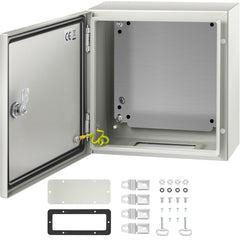 Open gray steel electrical enclosure 12x12x6 inches with door ajar, showing internal backplate and included mounting hardware.