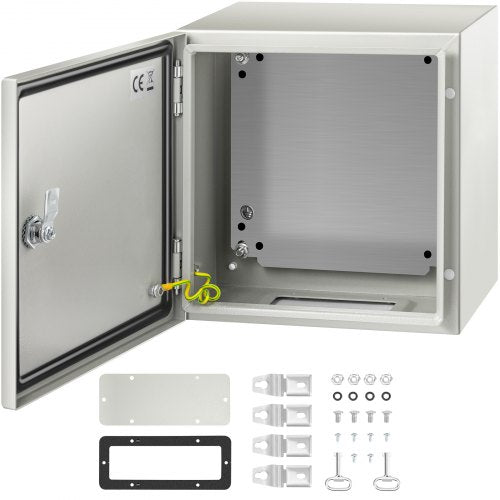 Open gray steel enclosure 12x12x8 with door ajar, yellow lock, and mounting hardware kit.