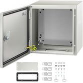 Open gray steel enclosure 12x12x8 with door ajar, yellow lock, and mounting hardware kit.
