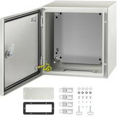 Open gray steel enclosure 12x12x8 with door ajar, yellow lock, and mounting hardware kit.