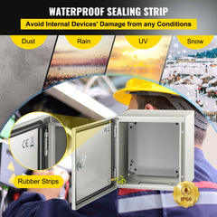 12x12x8 IP66 waterproof steel enclosure with rubber sealing strips protecting against dust, rain, UV, and snow.