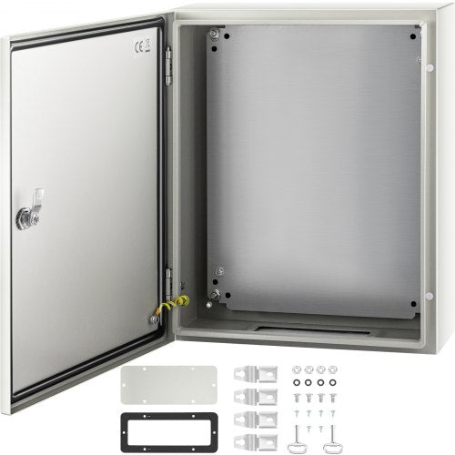 Gray and white Bostome NEMA 4X steel electrical enclosure box measuring 20x16x6 inches.