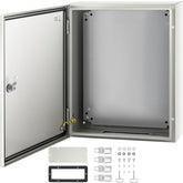Gray and white Bostome NEMA 4X steel electrical enclosure box measuring 20x16x6 inches.