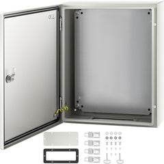 Gray and white Bostome NEMA 4X steel electrical enclosure box, 20x16x6 inches, IP66 rated.