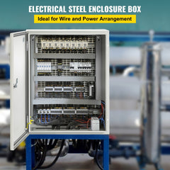 An open electrical steel enclosure box with internal wiring and components.