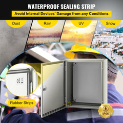 An open gray electrical enclosure with a yellow hard hat and environmental conditions in the background.