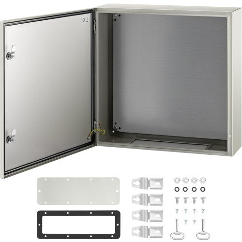 Open gray steel electrical enclosure 24x24x8 inches with open door, lock, and mounting hardware.