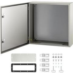 Open gray steel electrical enclosure 24x24x8 inches with open door, lock, and mounting hardware.