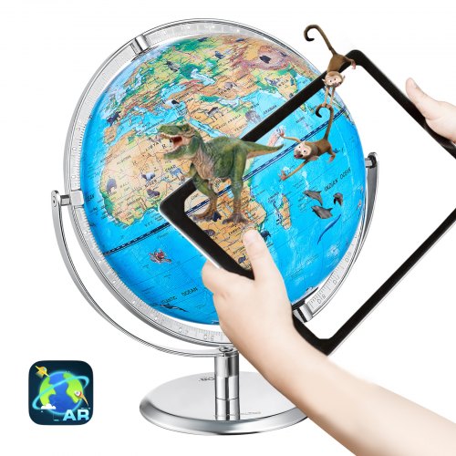 10-inch interactive world globe with LED light, animal illustrations, and a stable metal stand.