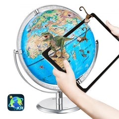 10-inch interactive world globe with LED light, animal illustrations, and a stable metal stand.