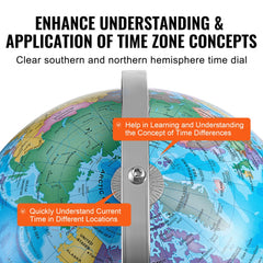 Bostome 13" rotating world globe with time zone dial on a stable metal stand.