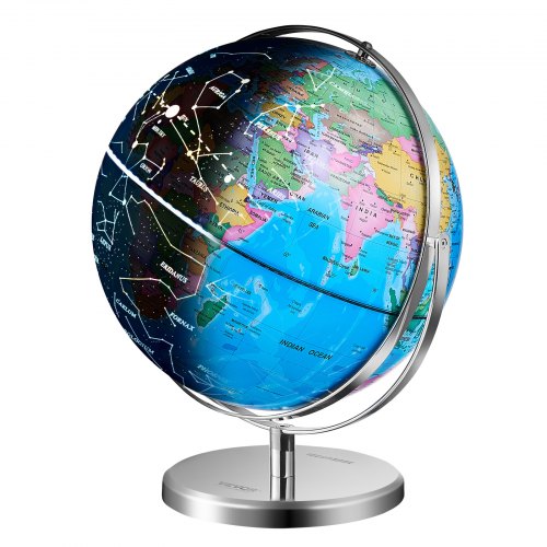 A 9-inch illuminated world globe with LED constellation night light and stable metal base.