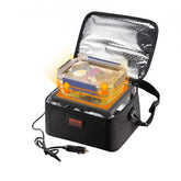 Black Bostome 12V portable car food warmer oven with 2QT capacity, showing open lid, heated plate with food container, and car adapter cord.