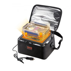 Black Bostome 12V portable car food warmer oven with 2QT capacity, showing open lid, heated plate with food container, and car adapter cord.