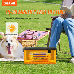 Black 12V portable car food warmer oven with 2QT capacity and 55W power, shown heating a lunch box outdoors.