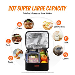 Black 2QT 12V portable car food warmer oven with 55W power and open lid showing insulated interior.