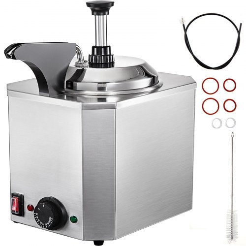 Stainless steel hot fudge cheese warmer with pump, 2.4QT capacity, and 650W power.