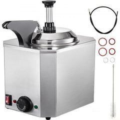 Stainless steel hot fudge cheese warmer with pump, 2.4QT capacity, and 650W power.