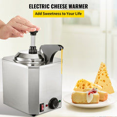Stainless steel electric cheese warmer with pump, 2.4QT capacity, and control dial.