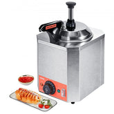 Stainless steel cheese sauce warmer with 2.3 Qt basin and adjustable temperature control.