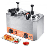 Stainless steel double-pump electric cheese warmer with 2.3 qt basins and controls.