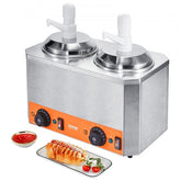 Stainless steel double pump nacho cheese sauce warmer with 2.4L basin and 3L water tank.