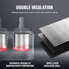 Stainless steel double pump nacho cheese sauce warmer with 2.4L basin and 3L water tank.