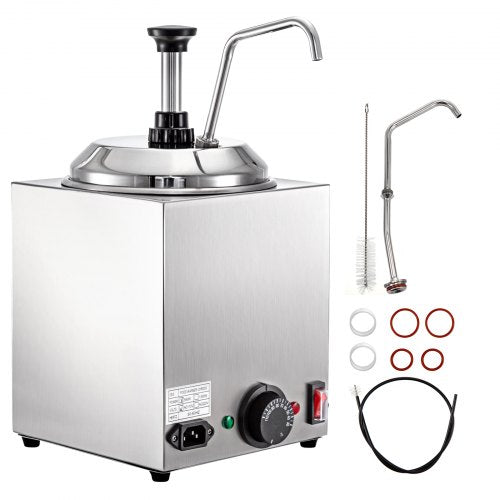Stainless steel hot fudge warmer with pump, 2.4QT capacity, and temperature control dial.