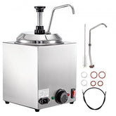 Stainless steel hot fudge warmer with pump, 2.4QT capacity, and temperature control dial.