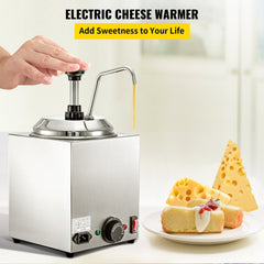 Stainless steel hot fudge warmer with pump dispensing yellow sauce over cake.