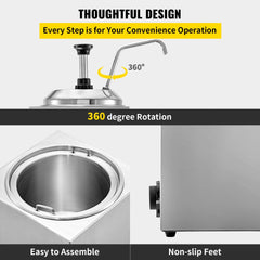 Stainless steel hot fudge warmer with 360-degree rotating pump and non-slip feet.