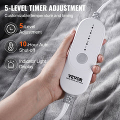 Grey flannel heated blanket with five heat settings and a 10-hour auto-off timer.