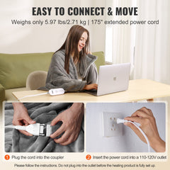 Grey flannel heated blanket with five heat settings and a 10-hour auto-off timer.