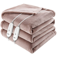 Bostome Queen heated blanket in beige with dual controls and soft flannel fabric.