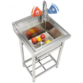 Stainless steel utility sink with a single bowl, adjustable legs, and a 360° faucet.