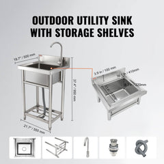 Stainless steel utility sink with a single bowl, adjustable legs, and a 360° faucet.