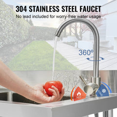 Stainless steel utility sink with single bowl, faucet, and adjustable legs for commercial use.